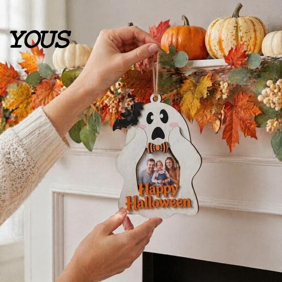 Rustic Wood Picture Frame Halloween Cute Ghost Wooden Photo with Hanging Rope, Creative Theme Decor for Holiday Party And Home Wall Decoration