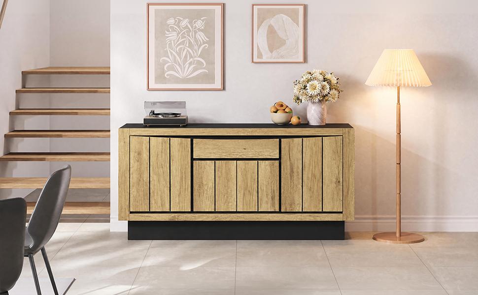 140*40*60cm Living Room Chest, Sideboard With 4 Doors, 1 Drawer, Dining Room Cabinet, Handleless Compartments, Sofa Side Cabinet, Wood Color + Black