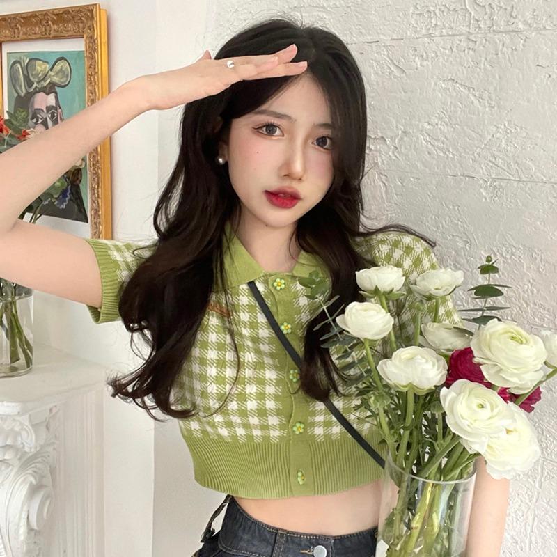 

Single-Breasted Small Women s Short Sleeves Cardigan Sweet Knitted Plaid Tops