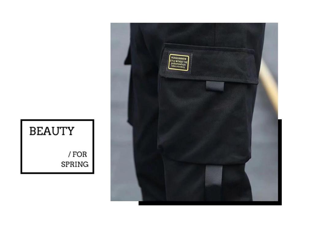 Pantaloni lungi negri în stil coreean pentru bărbați înalți, salopetă casual largă, cu manșete