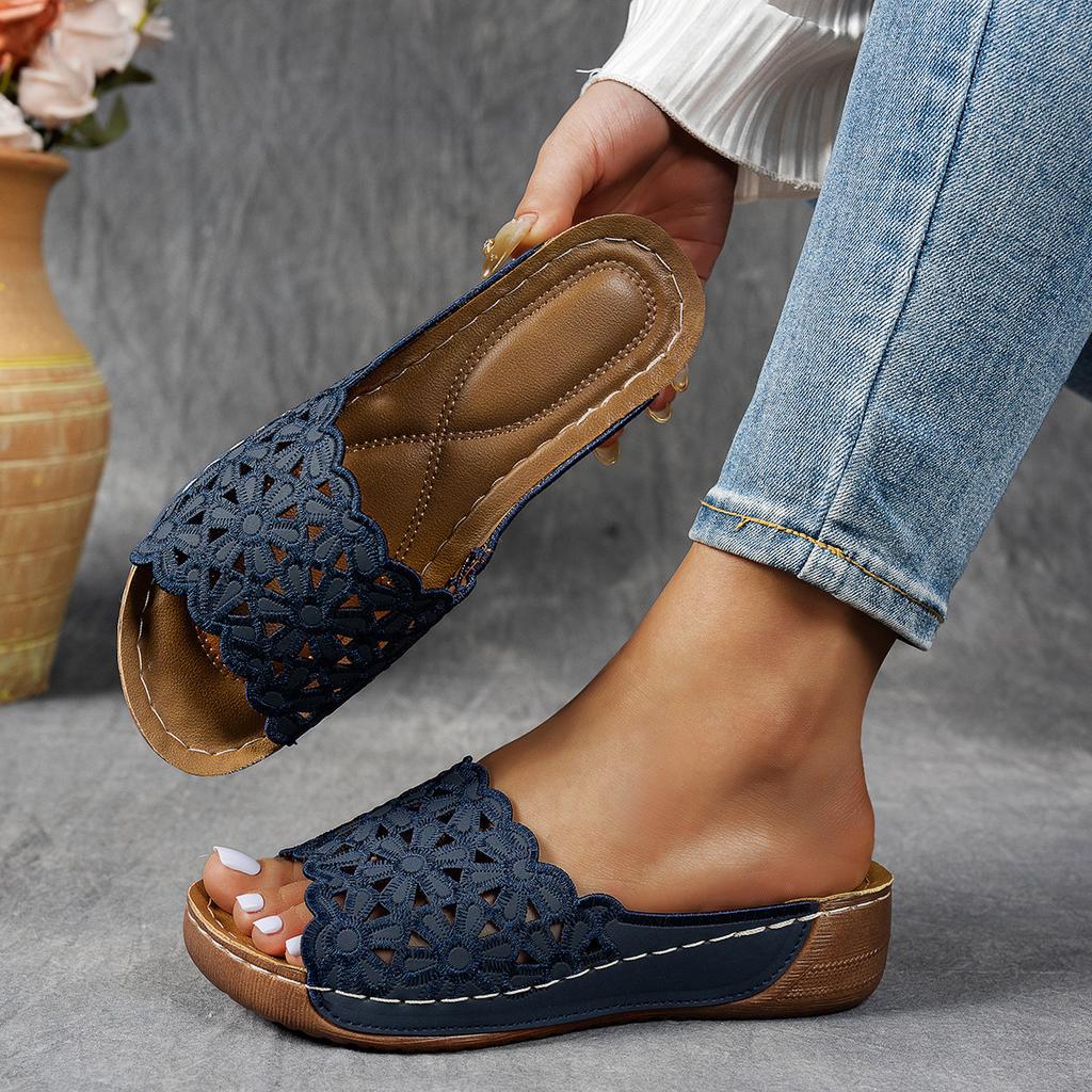 Summer, New Styles, Women's, Thick Soled Slippers, Plus Size, Fish Mouth, Wide Stripe, Thick Soled Shoes