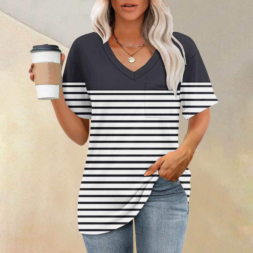 Fashion Pocket V-Neck Short Sleeve Striped Print T-Shirt Top