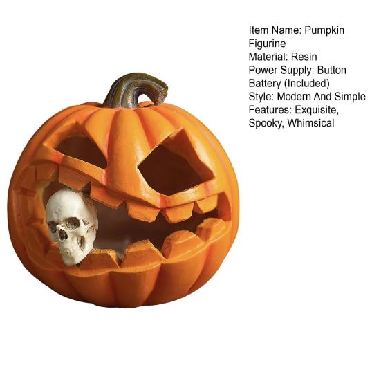 Halloween Pumpkin Sculpture with Light Spooky Pumpkin Figurine with Skull Resin Table Ornament for Home Office Decor