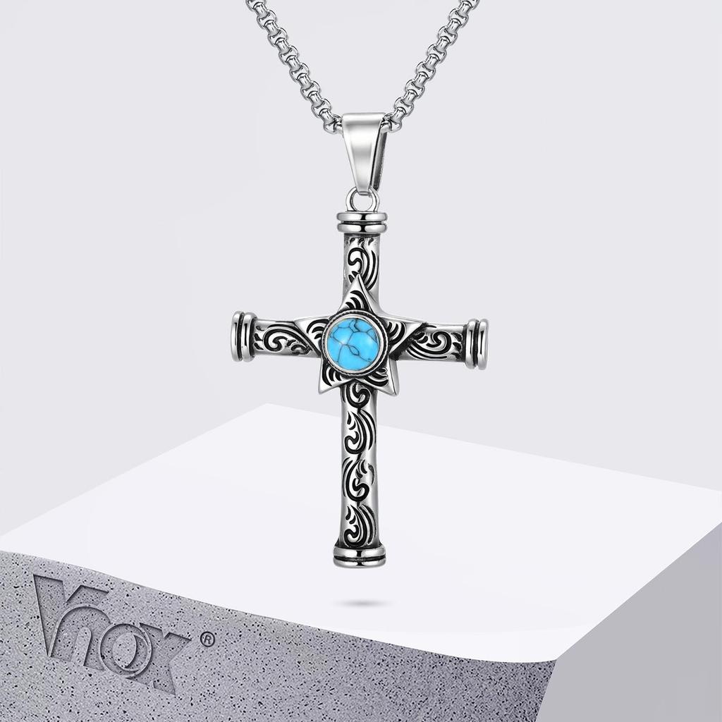 Vnox Stainless Steel Pentagram Turquoise Cross Pendant Necklace with Box Chain, Unique Vintage Religious Jewelry Gifts for Men