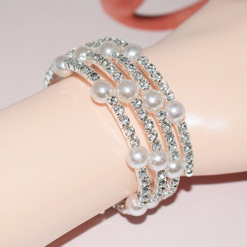 Fashion Rhinestone Pearl Multi-Layer Winding Bracelet Light Luxury Minority Exquisite Bracelet Multi-Row Rhinestones Fancy Women's Fashion
