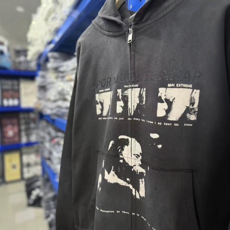 Mens Oversized Washed Distressed Zip-Up Hoodie Cotton Heavyweight Streetwear Sweatshirt