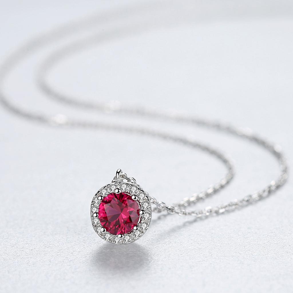 OAHLAN Fashion Jewelry 925 Sterling Silver Dainty Round Cut Simulated Ruby Pendant Necklace Halo for Women Girls Valentines Day
