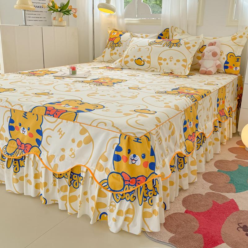 Printed Bed Skirt with Pillowcase Queen Size Bed Cover Set Ruffles Mattress Protector Home Bed Linen Soft Bedspread Jupe De Lit