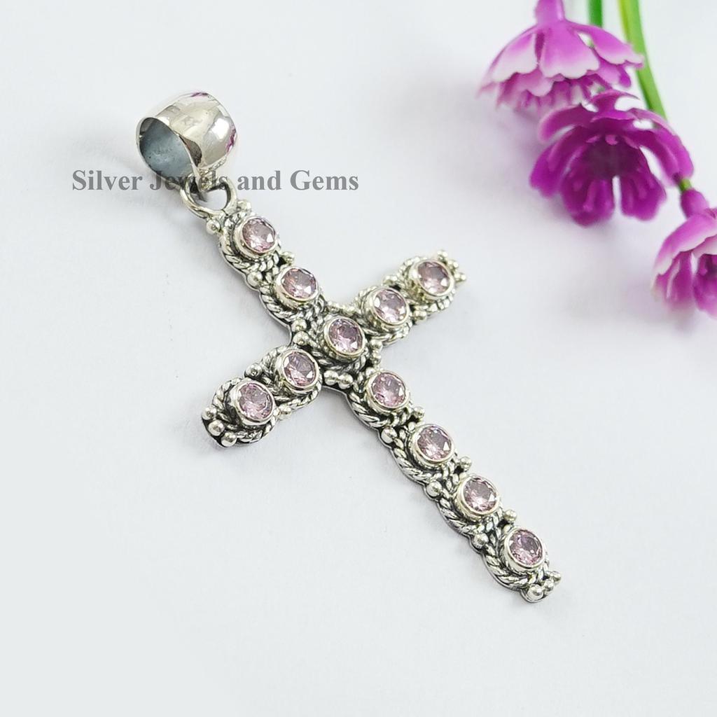 Pink Cubic Zirconia Cross Pendant, Gift for Girls, Round Multi Stone Pendant, 925 Sterling Silver Pendant, Pink CZ Handmade Pendant