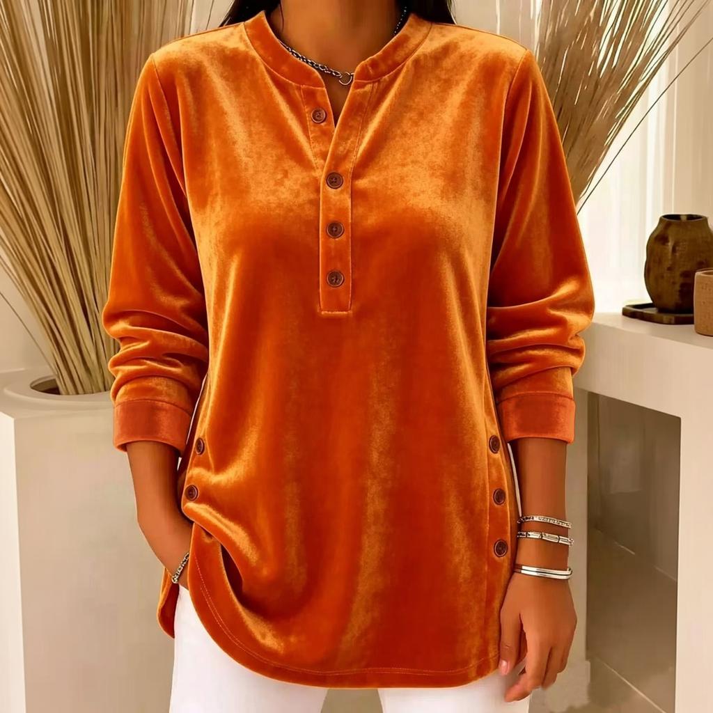 Haut Tunique Velours Femme Coupe Ample Col en V Boutonné Manches Longues