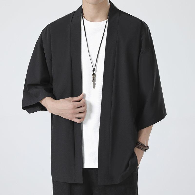 Herre Japansk Kimono Skjorter Afslappet Åben Strik Letvægts Yukata Mode Sort Cardigan 3/4 Ærme Ydertøj til Sommerferie