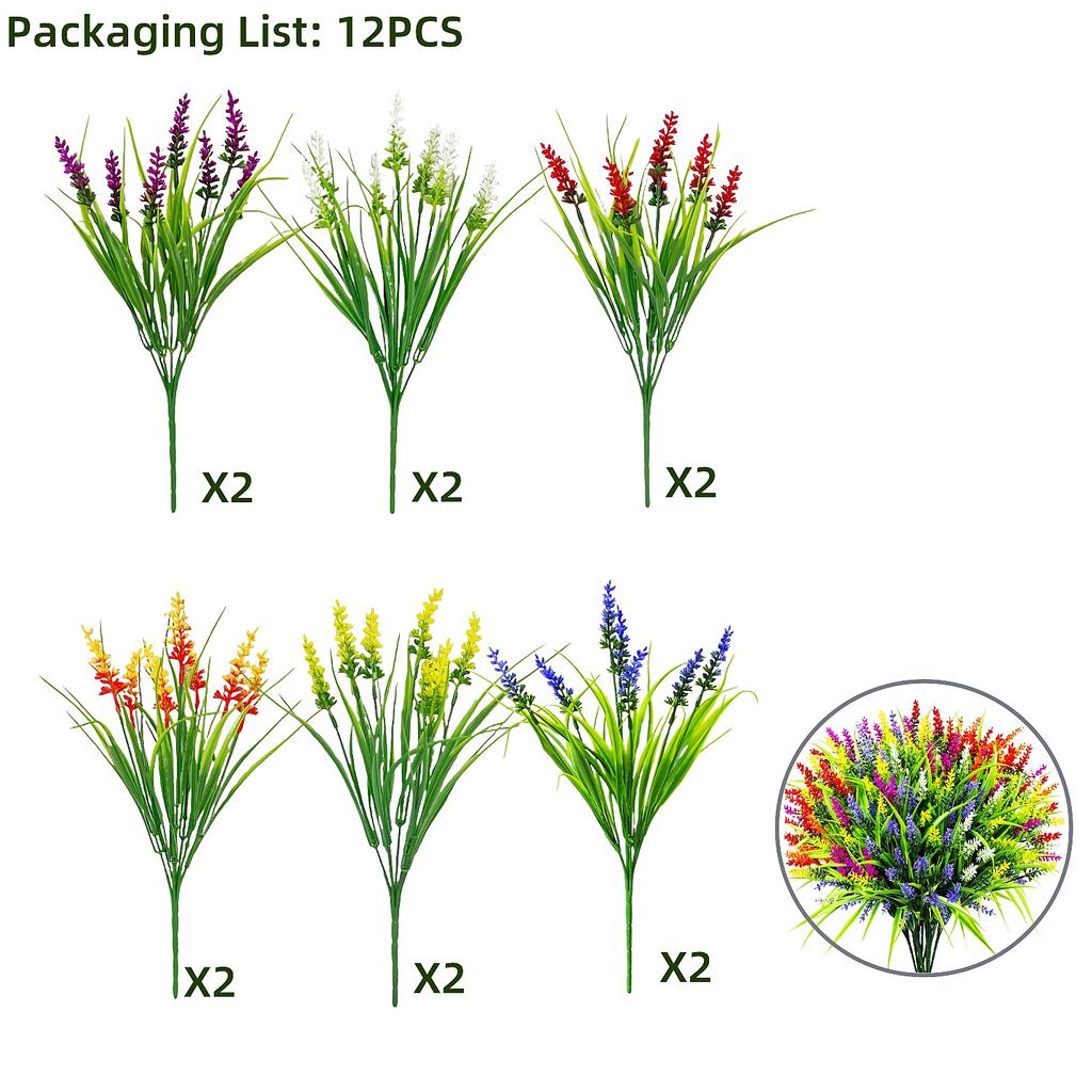 12 Bundles Artificial Lavender and Monkey Grass - UV Resistant Plastic Greenery Shrubs for Outdoor Home Garden Decor