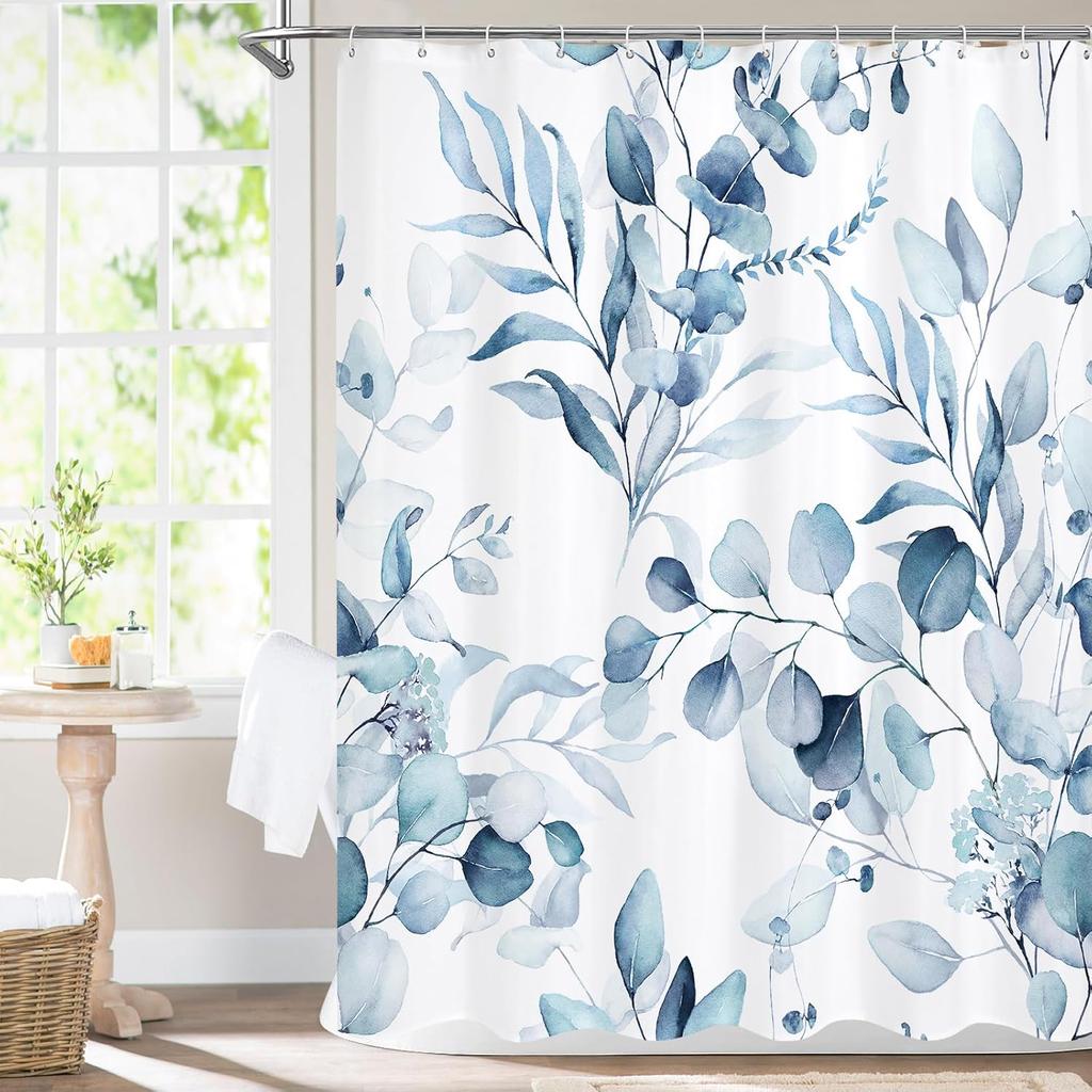 Pink Spring Floral Shower Curtain, Watercolor Eucalyptus & Botanical Plants, Modern Chic Bathroom Decor With Hooks