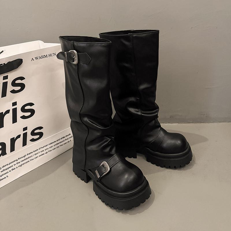 Mode Winter Punk Stil Damen Kniehohe Stiefel Mode Gürtelschnalle Plateau Höhe Erhöhung Lange Stiefeletten Zapatos De Mujer