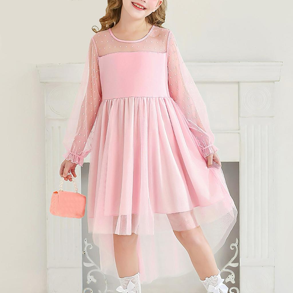 Girls Dresses Contrast Mesh Long Sleeve Twirly High Low Birthday Party Formal Dress