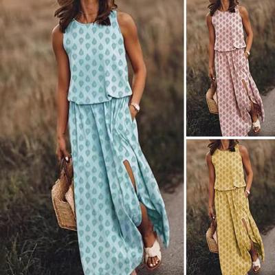 Women's Sleeveless Maxi Dress Casual Crew Neck Elastic Waist Split Long Dress with Pocket Summer Beach Vacation Sundress