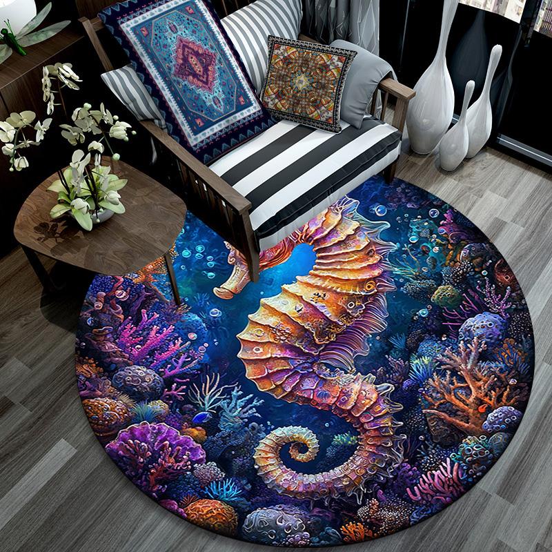 Seahorse Round Area Rug,Carpet Rug for Living Room Bedroom Sofa Playroom Decor,Non-slip Floor Mat