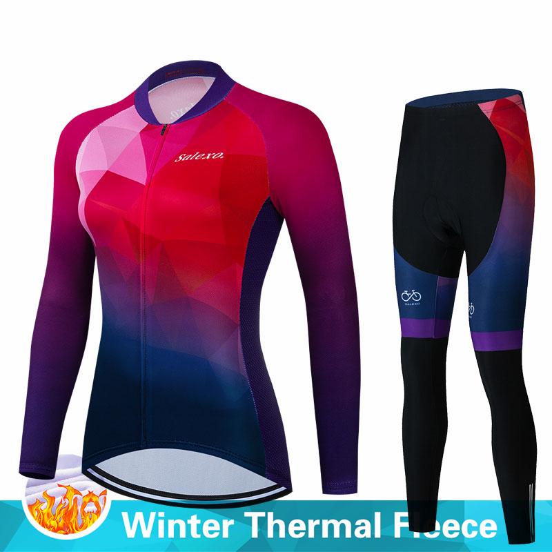 Warm 2023 Salexo Winter Thermal Fleece Cycling Clothes Women Jersey Suit Outdoor Bike MTB Clothing Bib Pants Set Ropa Ciclismo
