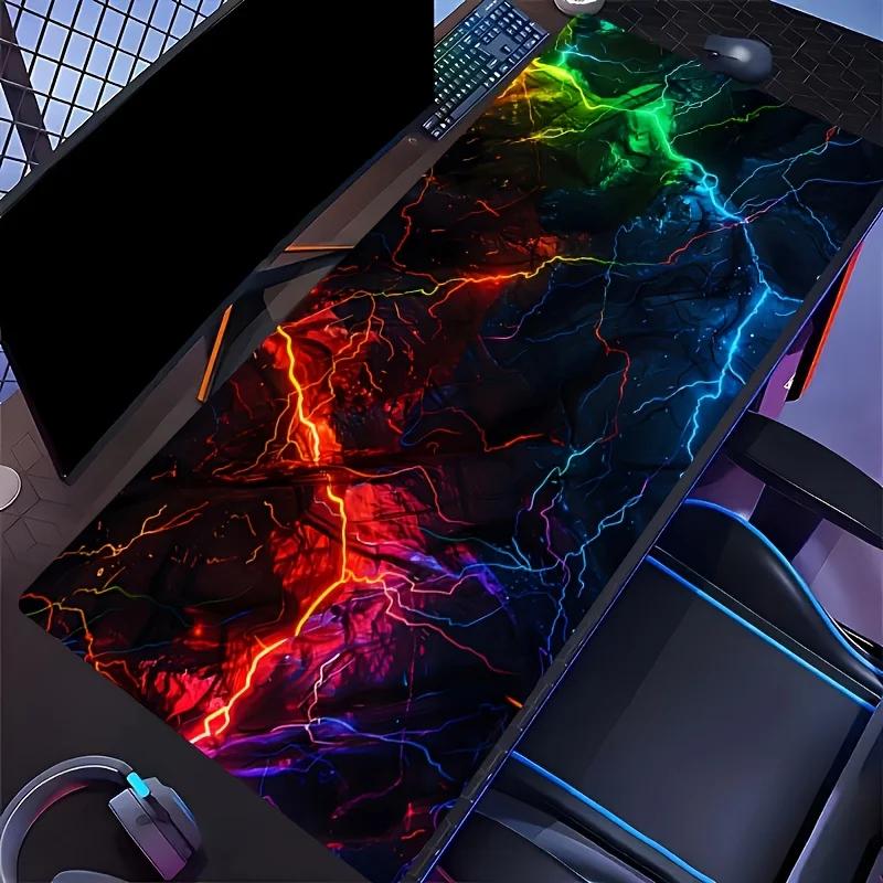 Large Gaming Mouse Pad Neon Lightning Design Desk Mats with Non-Slip Rubber Base Durable Long Keyboard Pads for Home Office Game