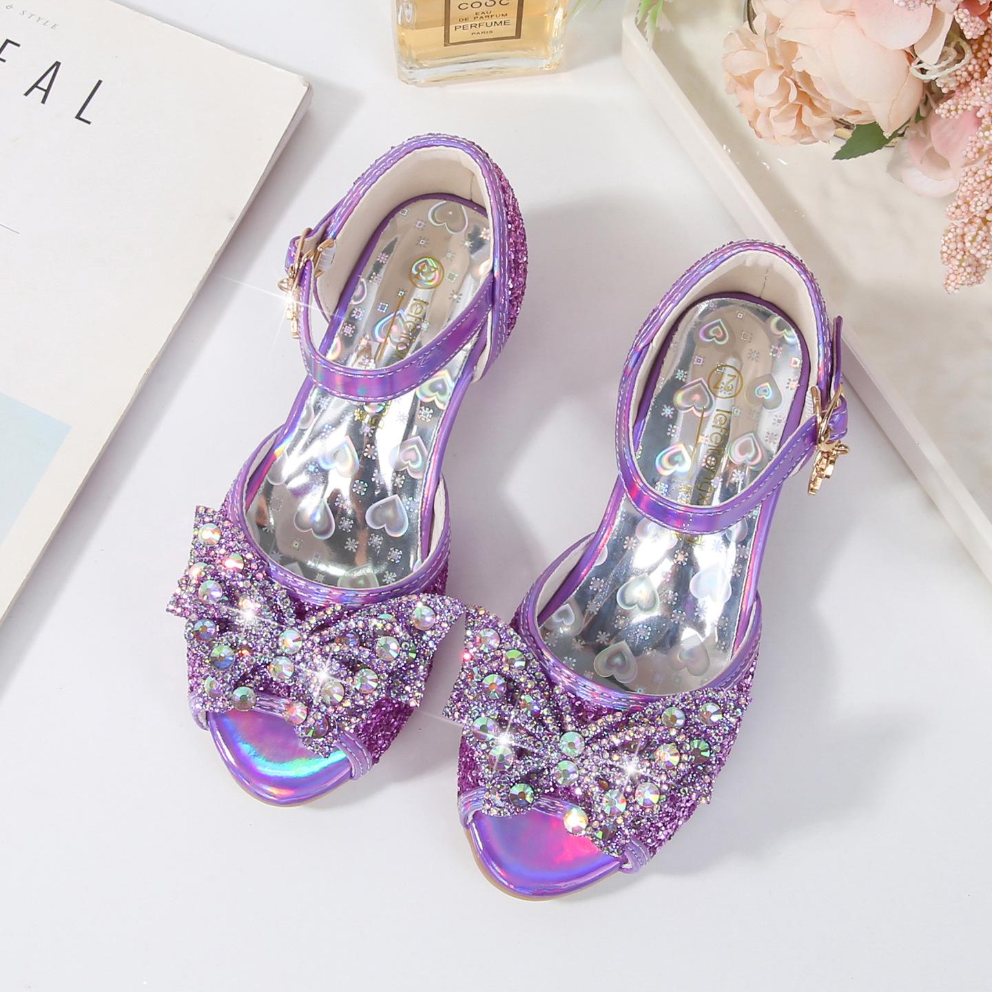 

Butterfly flower sandals New style little girl high-heeled shoes with shiny bow children s sandals 26 фиолетовый
