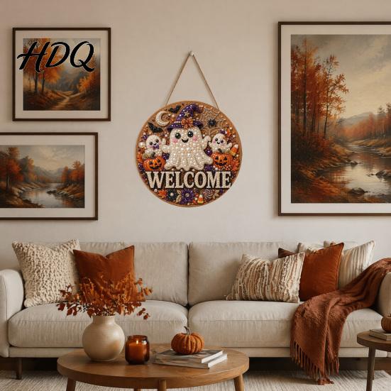Faux Pearl Painting Arts Halloween Door Sign Kit Ghost Skull Skeleton Cat Welcome Handmade Decoration Crafts for Wall Craft Project