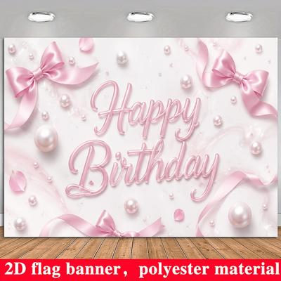 Pink Happy Birthday Banner Backdrop Bow Pearls Petals Marble Polyester