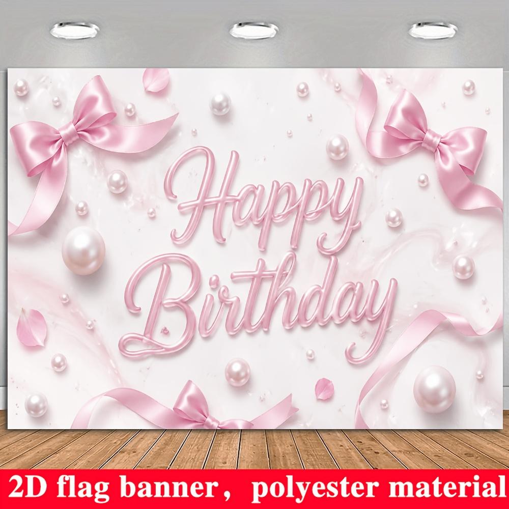 Pink Happy Birthday Banner Backdrop Bow Pearls Petals Marble Polyester