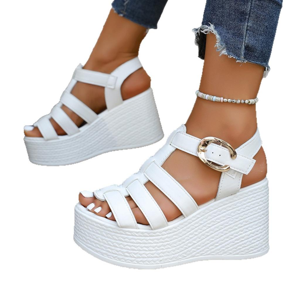 Fashion Wedge Heel Roman Sandals 2025 New Summer High Heel Thick-soled Women's Shoes Fashionable One-word Buckle Platform Sandals