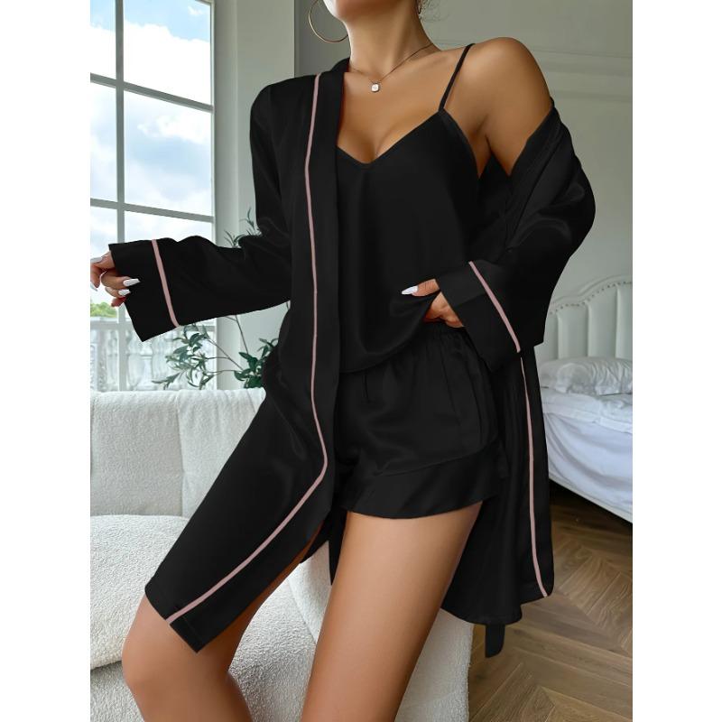 Women 3 Piece Satin Pajamas Solid Polyester Nightgown V Neck Suspender Tops Shorts Summer Spaghetti Strap Pajama Sets