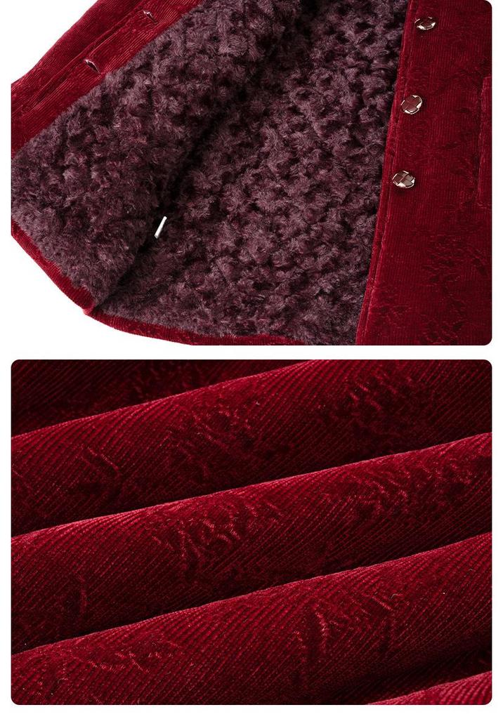 Winter Velvet-Lined Cotton Jacket with Fur Collar for Middle-Aged and Elderly Women – Embroidered Pockets