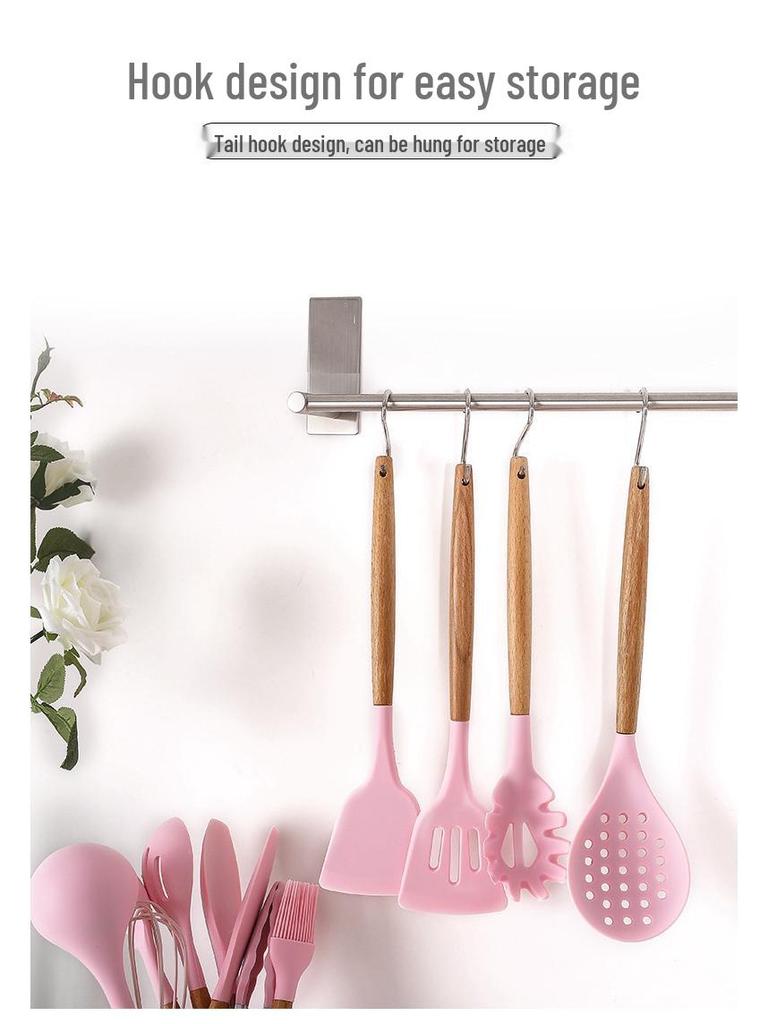12-Piece Silicone Kitchen Utensil Set with Wooden Handles - Includes Spatula, Slotted Spoon, Frying Spatula, and Baking Tools