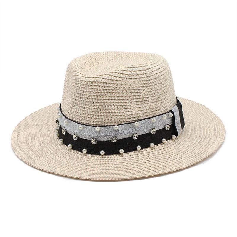 Top Hat Retro Hepburn Style Flat Top Top Top Hat Spring And Summer Travel Straw Hat Pearl Wide Brim Sun Hat Female Tide