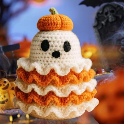 Halloween Häkelgespenst Handgemachtes Gestricktes Gespenst mit Kürbishut Niedliches Plüschgespenst Tischdekoration für Schreibtisch Bücherregal Heimdeko