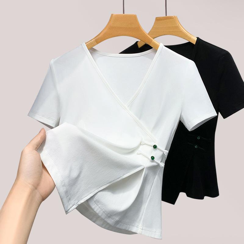 Short-sleeved T-shirt for Women In Summer New Chinese Style Women's Clothing New Chinese Style V-neck T-shirt Irregular Waist Top