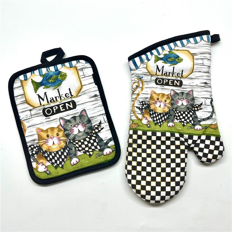 2Pcs/set Vintage Colorful Printed Cotton Heat Resistant Table Placemat With Oven Mitts Baking Glove Kitchen Tool