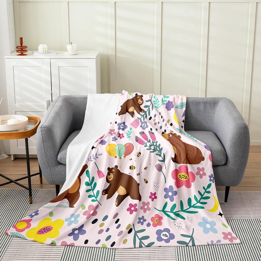 Erosebridal Floral Sloth Flannel Blanket for Kids Pink Cartoon Kawaii Sloth Throw Twin x Inch Fuzzy Garden Tulip Sofa Blanket