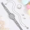 5PCS Luxury Personalized Girl Diamonds Silver Quartz Watch Women's Square Pendant Necklace Diamonds Earrings Ring Set for Girls