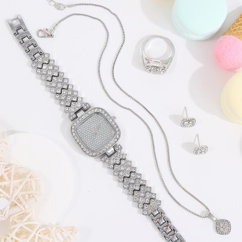5PCS Luxury Personalized Girl Diamonds Silver Quartz Watch Women's Square Pendant Necklace Diamonds Earrings Ring Set for Girls