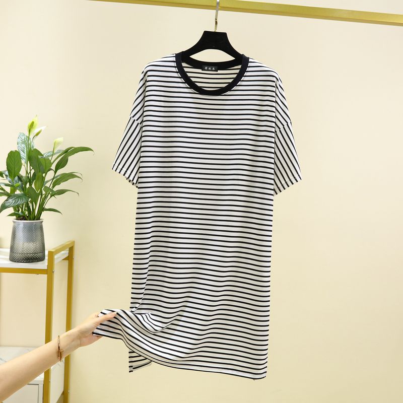 

Modal round Neck Stripes Dress Women s Summer Casual Outdoor Sleeping Dress Plus Size Loose Casual Knee-Length Dress White Stripes L (Recommendation 40.00 kg-55.00 kg
