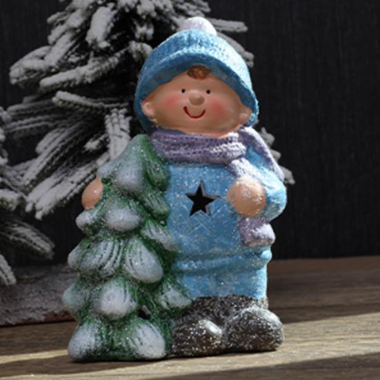 Lighted Ceramic Christmas Figurine Cute Light Up Boy Girl Tree Snowman Statue for Holiday Winter Indoor Mantel Tabletop Fireplace Decor