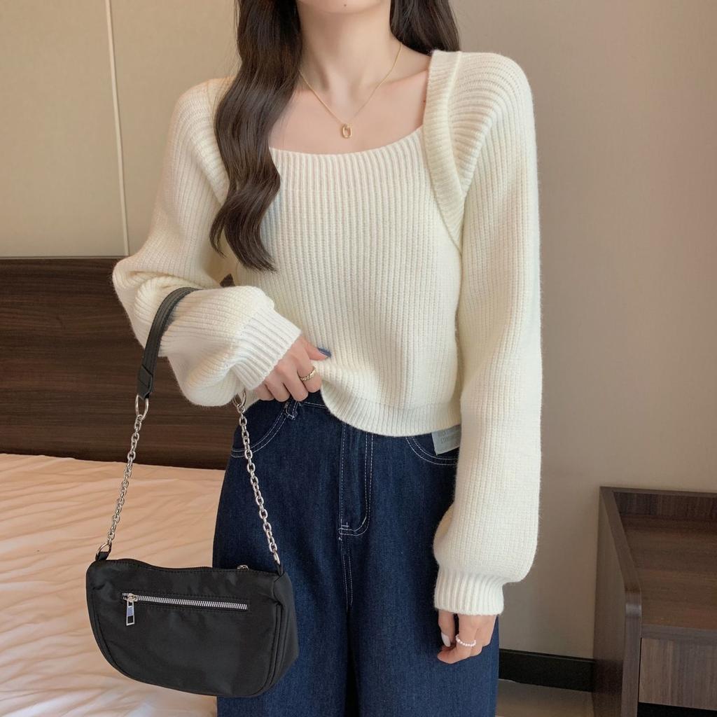 Quadratischer Ausschnitt Strickpullover Damen Herbst und Winter Kurzes Oberteil mit Puffärmeln