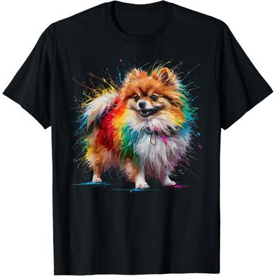 Colorful Paint Splash Pomeranian Art Graphic T-Shirt