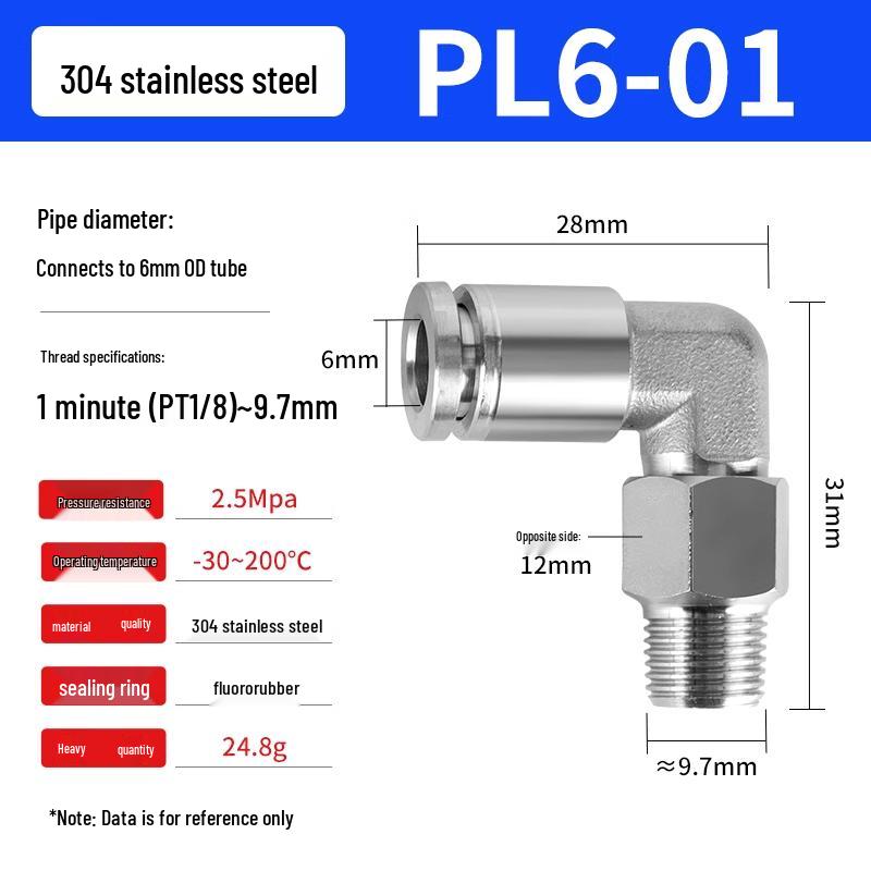 304 Stainless Steel Pneumatic Quick Push-in Connector, PC16-06/PC8-02 Swivel Elbow, PL6-M5/04