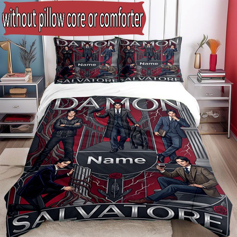 3-teiliges Bettbezug-Set (1 * Bettbezug + 2 * Kissenbezug, ohne Kern), Benutzerdefinierter Name Damon Salvatore Muster Bettwäsche-Set, Heim Schlafzimmer Dekor Geschenk
