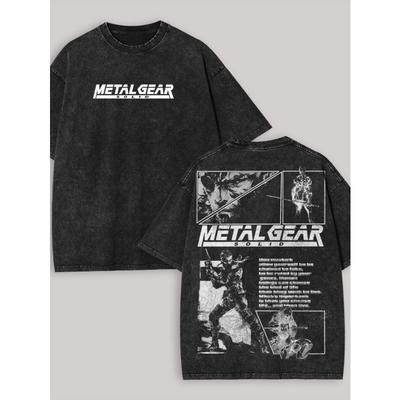 Crew Neck Casual Washed T-Shirt 100% Cotton Metal Gear Solid Print and Text, All-Season Streetwear Womens T Shirts