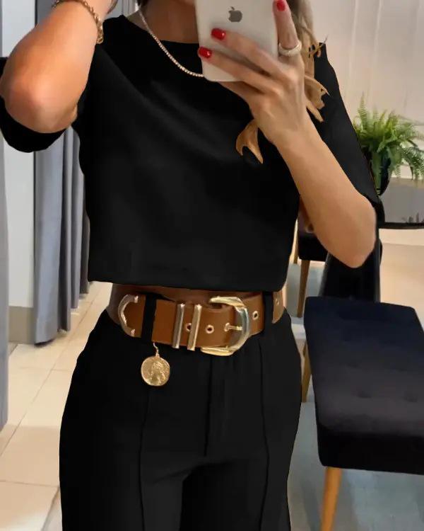 Set Casual de Camiseta de Manga Corta con Cuello Redondo y Color Sólido para Mujer Europea y Americana y Pantalones de Pierna Ancha