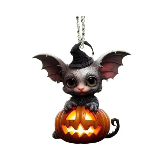 Halloween Decoration Witch Hat Bat Pumpkin Pendant 2D Acrylic Cat Rearview Mirror Charm Festive Atmosphere Enhancer