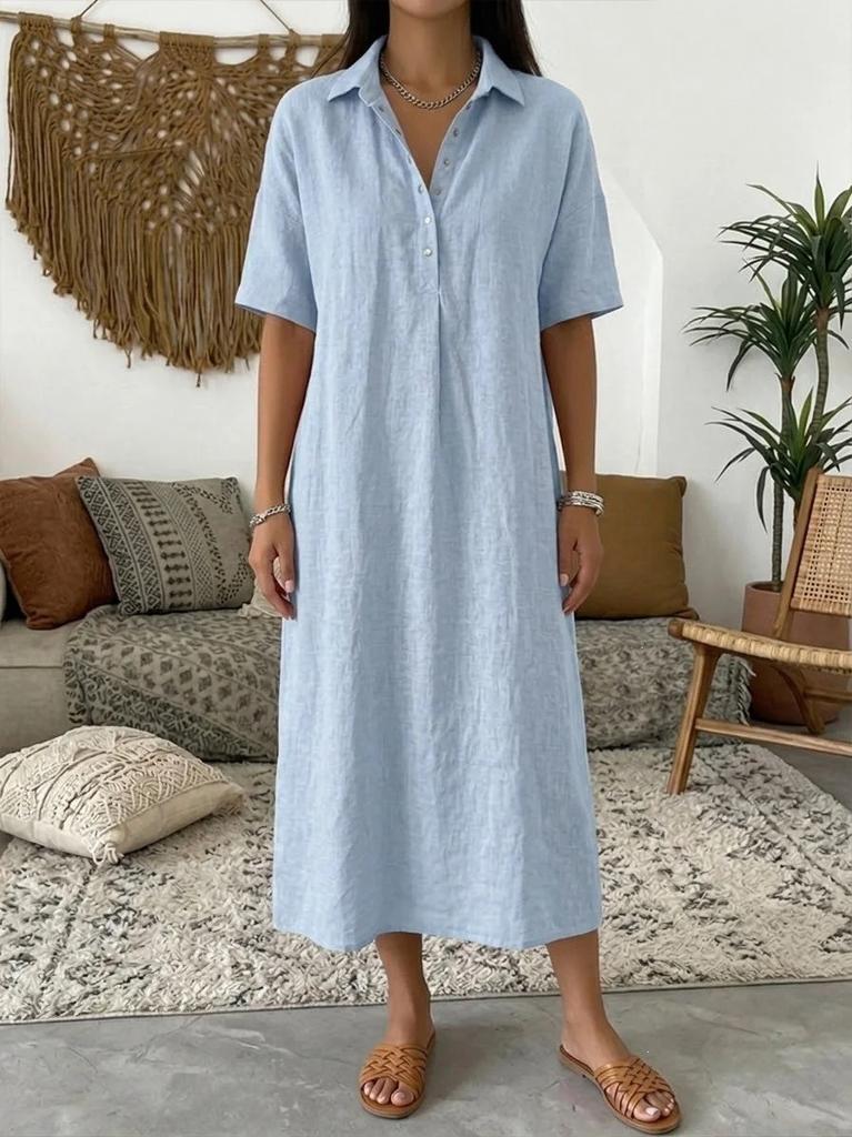 Women's Spring and Summer New Casual Straight Comfortable Polo Neck Linen Short Sleeve Dress