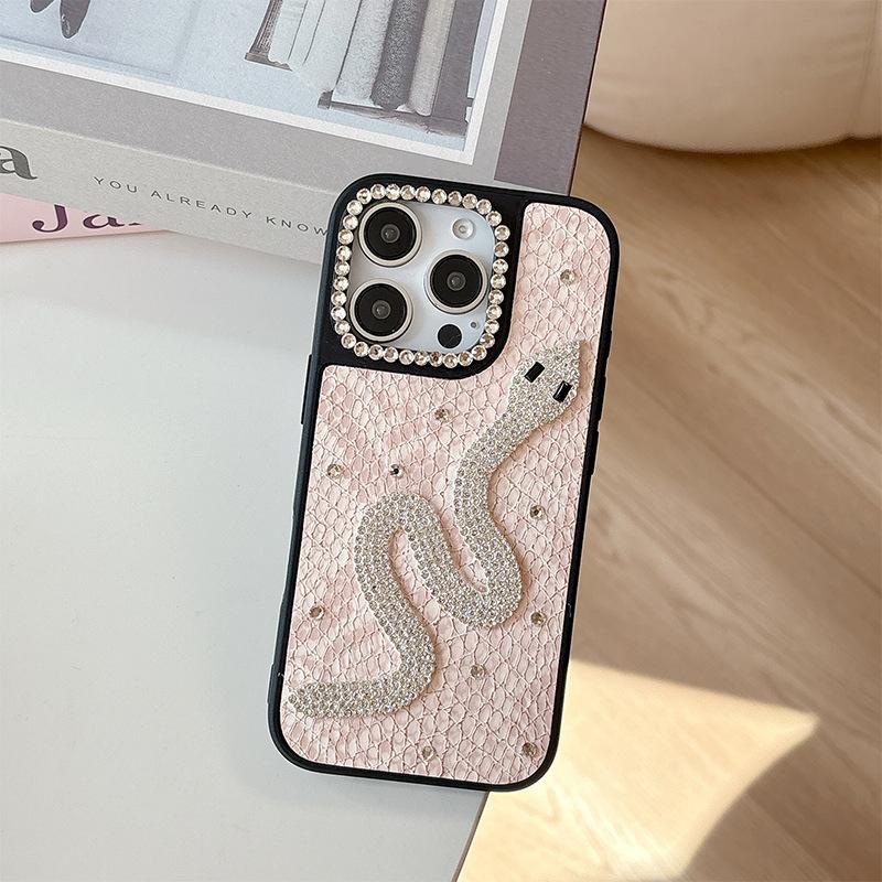 Silver Snake Rhinestone Mobile Phone Case Is Suitable For Apple 17Promax Solid Color Leather Iphone16 Light Luxury Fashion 15Plus