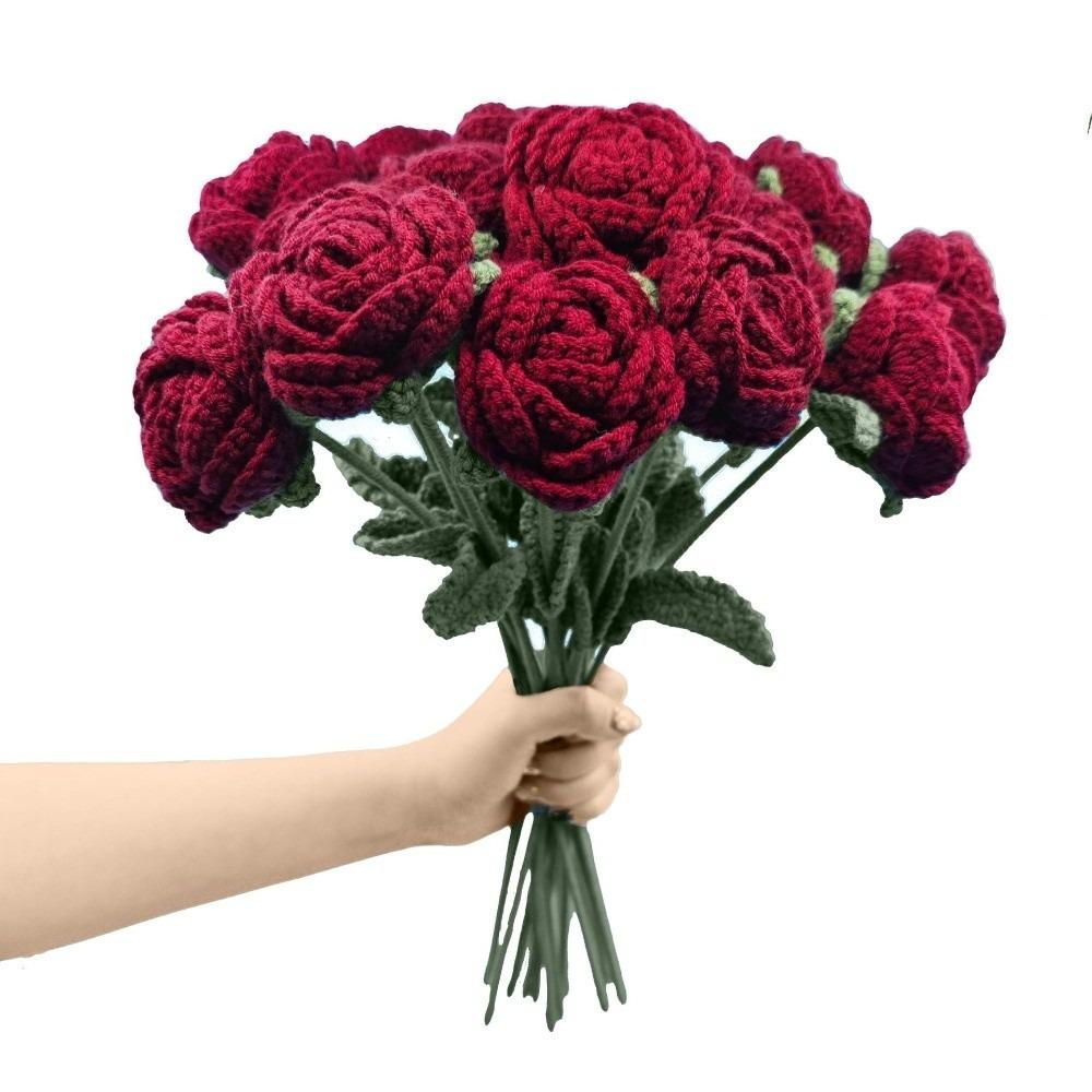 1/5/9pcs Hand Knitted Fake Rose Flowers Crochet Woven Rose Flower Bouquet  Mother's Day